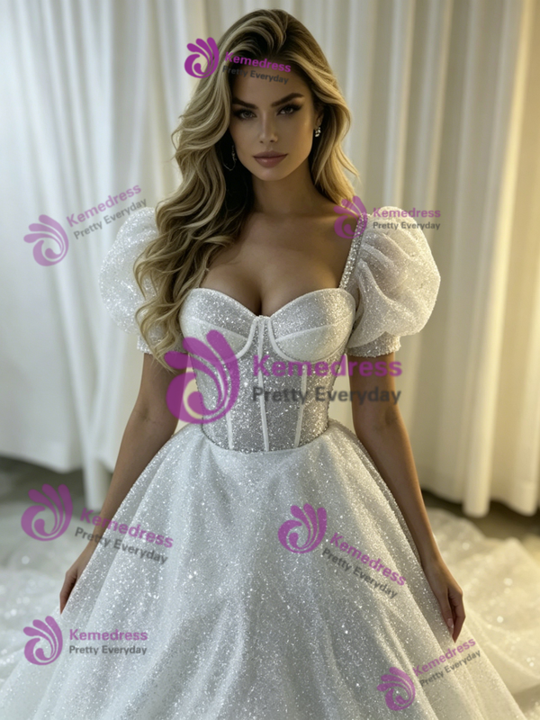 White Sequins Puff Sleeve Wedding Dress
