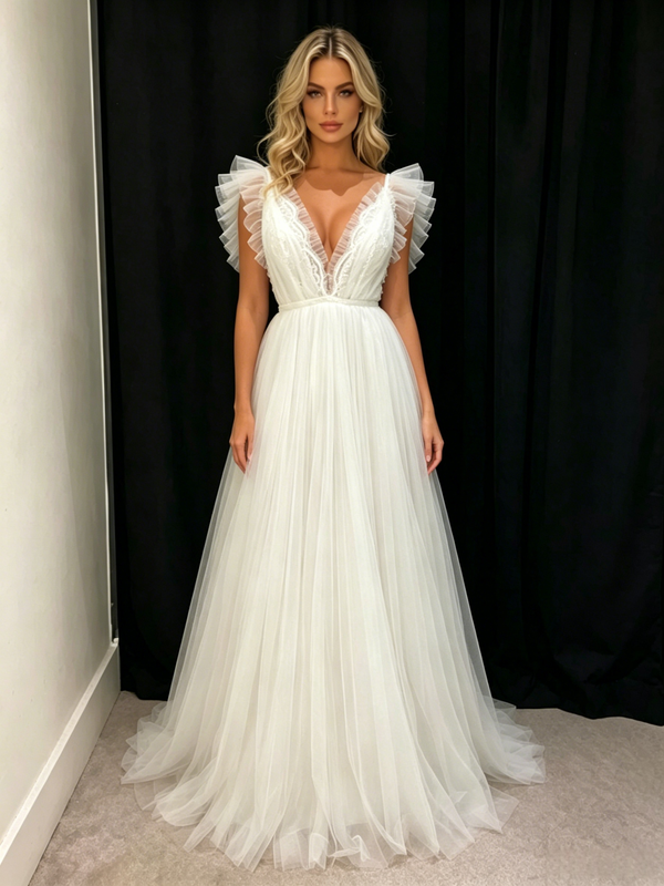 White Tulle V-neck Pleats Wedding Dress