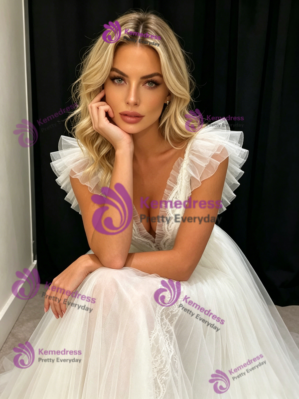 White Tulle V-neck Pleats Wedding Dress