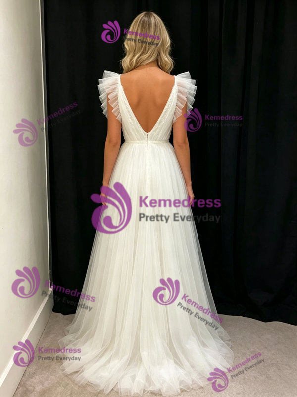 White Tulle V-neck Pleats Wedding Dress