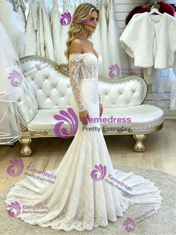White Mermaid Lace Long Sleeve Wedding Dress