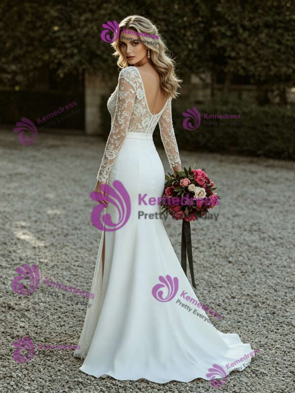 White Mermaid Long Sleeve Lace Wedding Dress