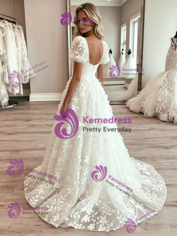 White Tulle Puff Sleeve Appliques Wedding Dress