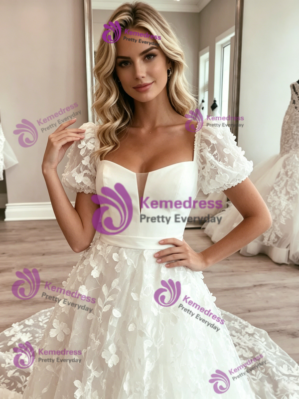 White Tulle Puff Sleeve Appliques Wedding Dress