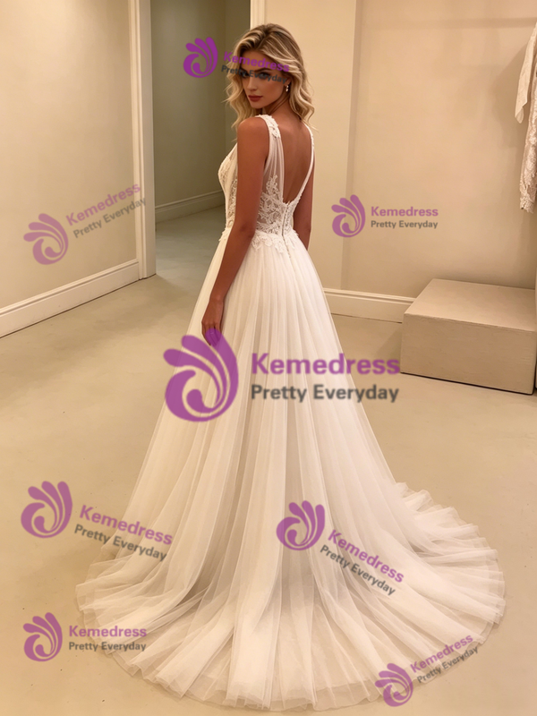White Tulle Lace V-neck Wedding Dress