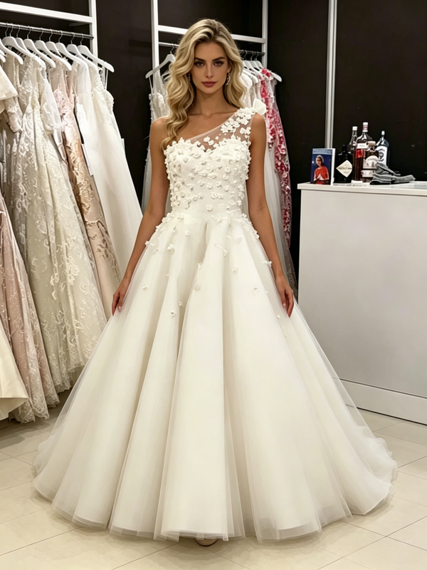 White Tulle One Shoulder Appliques Wedding Dress