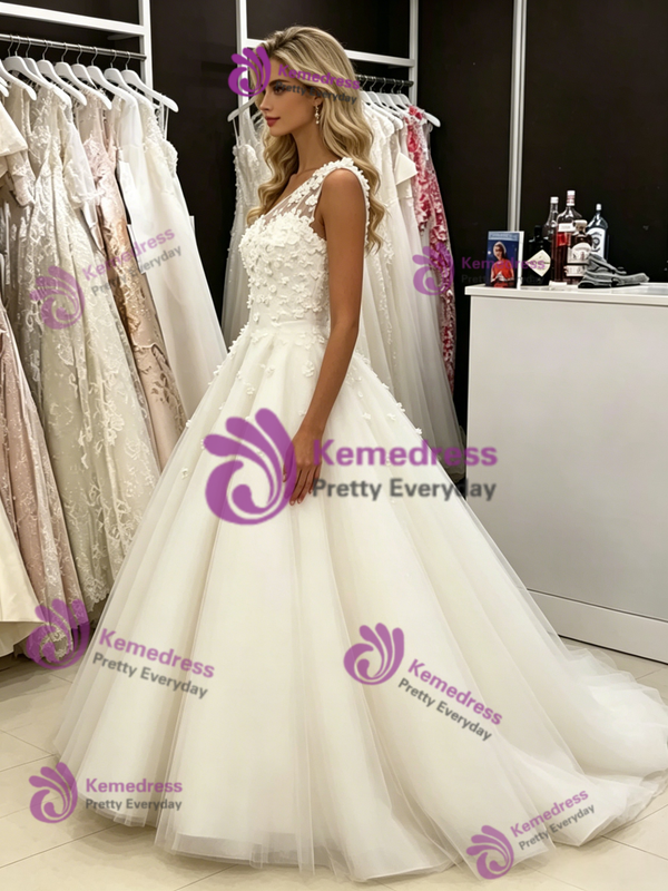 White Tulle One Shoulder Appliques Wedding Dress