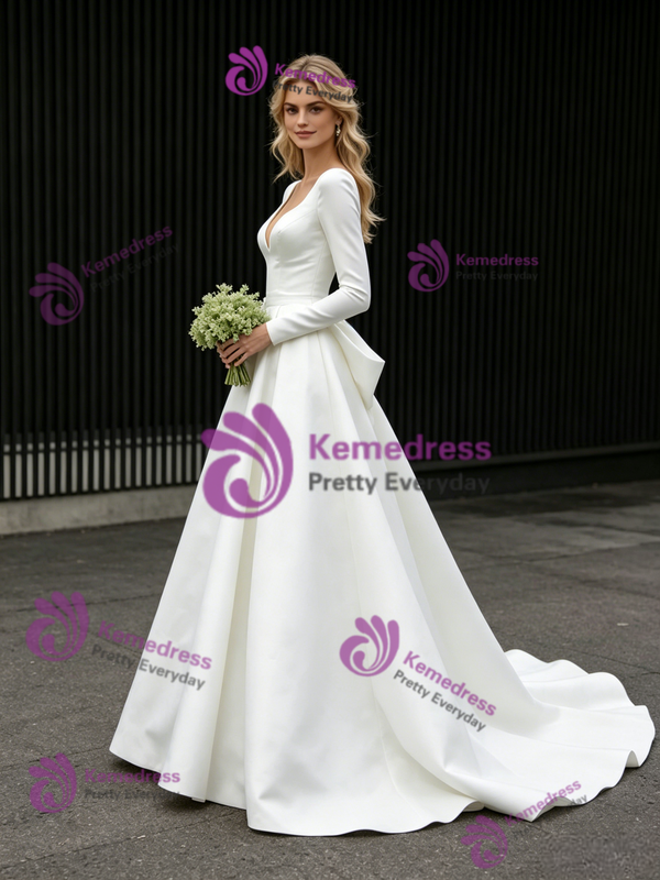 White Satin V-neck Long Sleeve Wedding Dress
