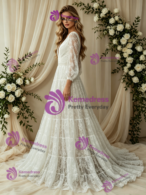 White V-neck Lace Long Sleeve Wedding Dress