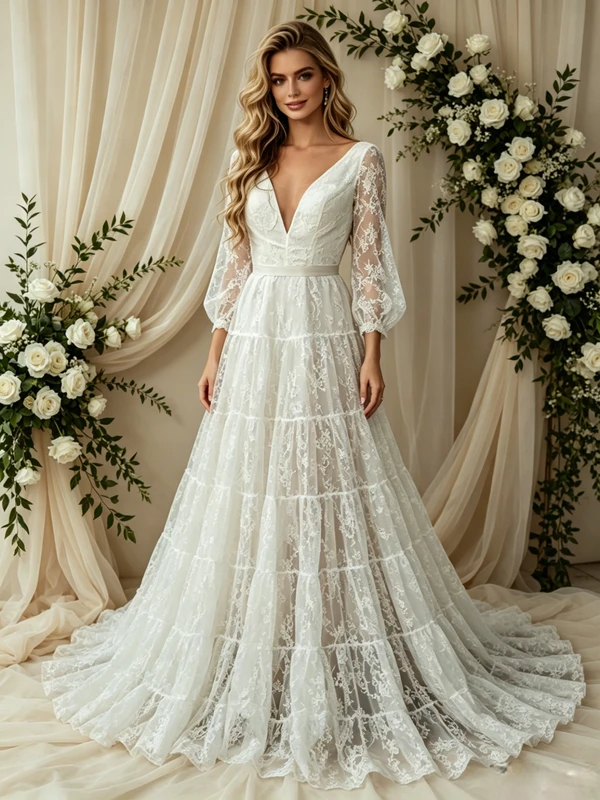 White V-neck Lace Long Sleeve Wedding Dress