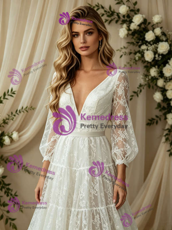 White V-neck Lace Long Sleeve Wedding Dress