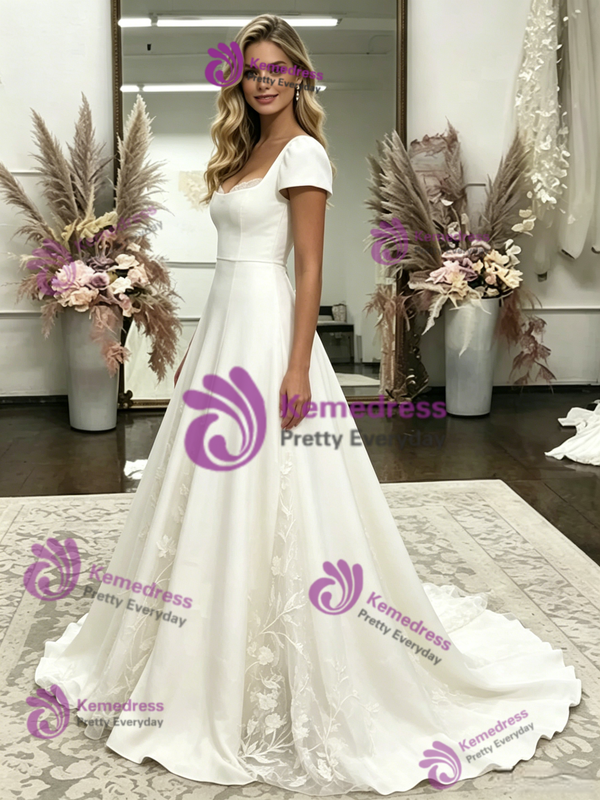 White Cap Sleeve Appliques Wedding Dress
