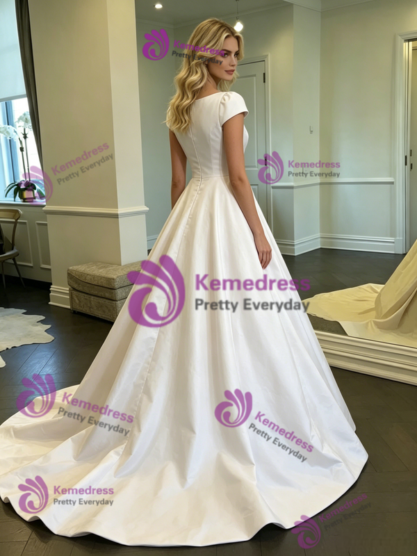 White Satin Cap Sleeve Wedding Dress