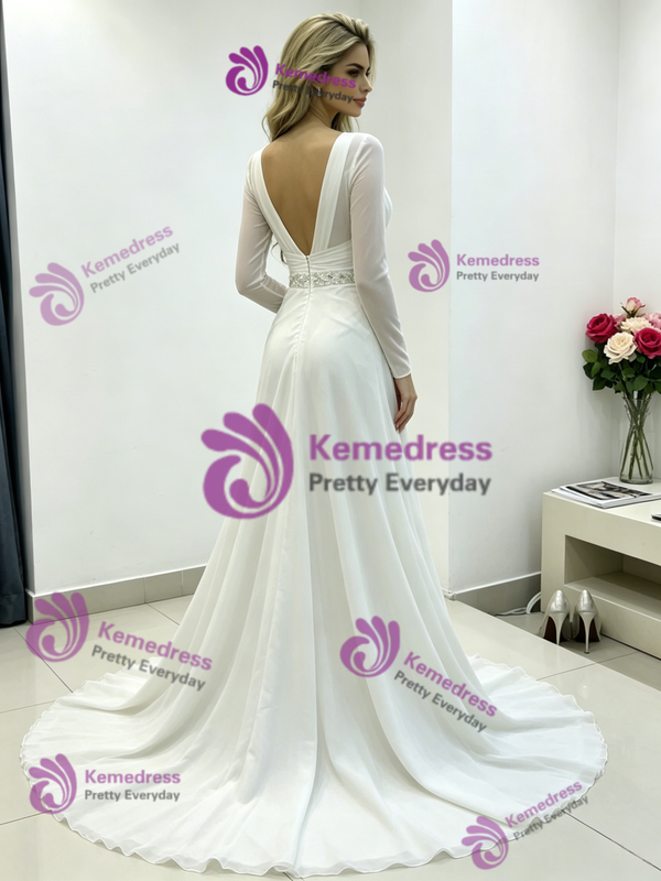 White Chiffon V-neck Pleats Wedding Dress