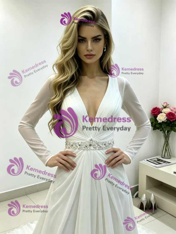 White Chiffon V-neck Pleats Wedding Dress