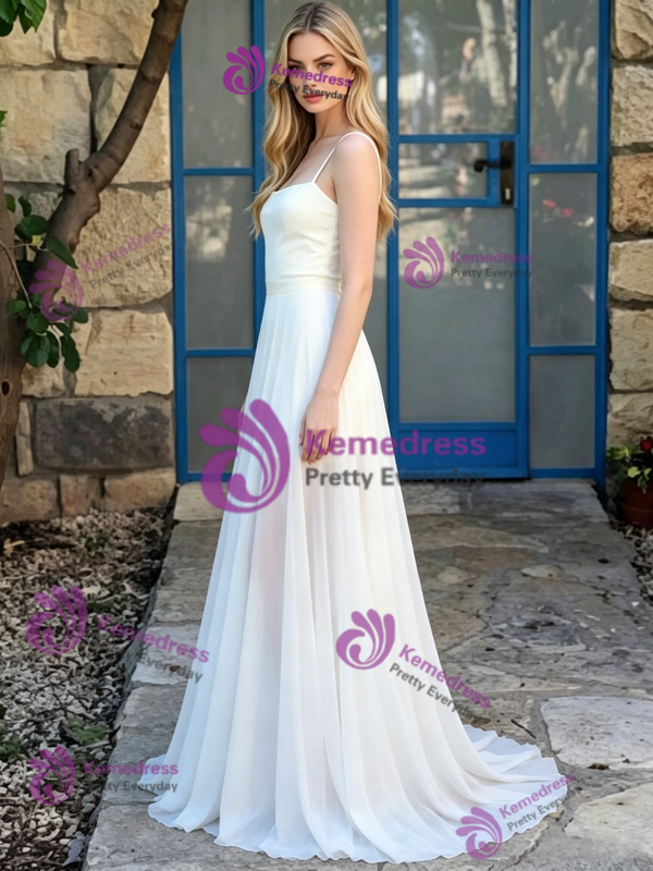 White Chiffon Spaghetti Straps Beach Wedding Dress