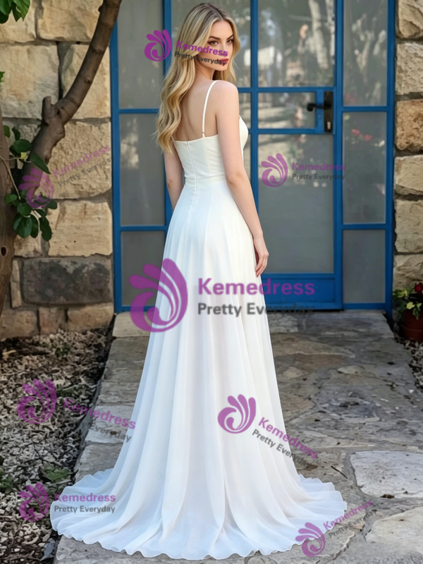 White Chiffon Spaghetti Straps Beach Wedding Dress
