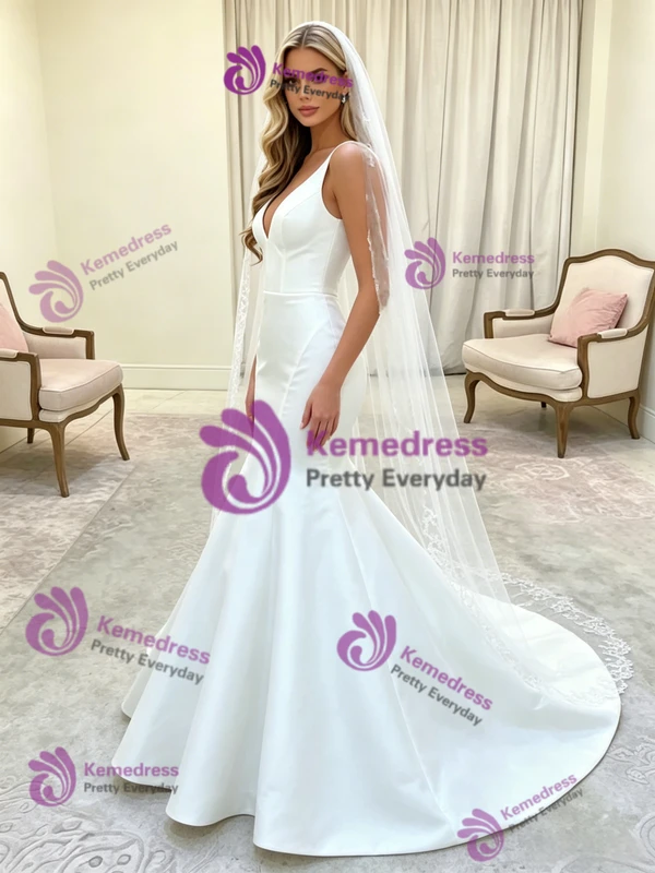White Mermaid V-neck Wedding Dress