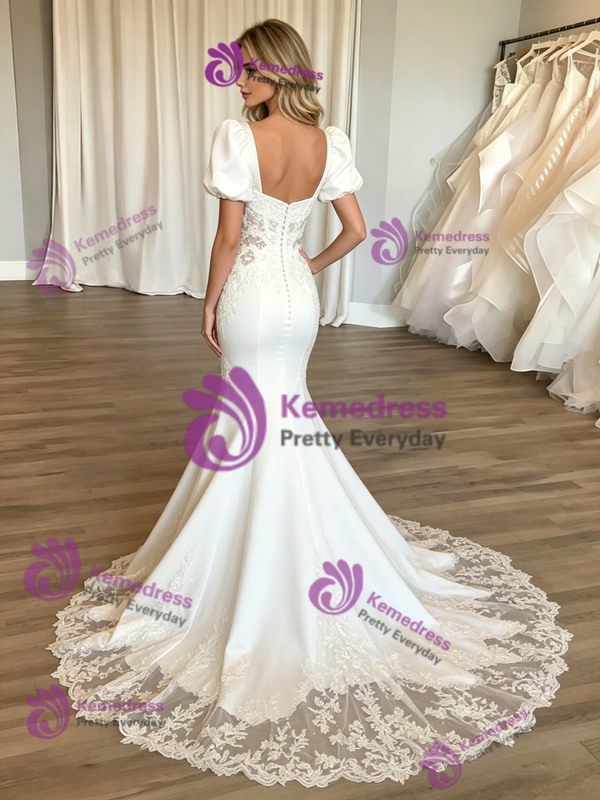 White Mermaid Square Neck Puff Sleve Appliques Wedding Dress