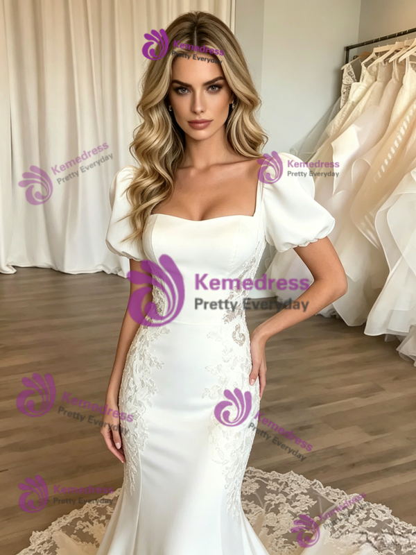 White Mermaid Square Neck Puff Sleve Appliques Wedding Dress