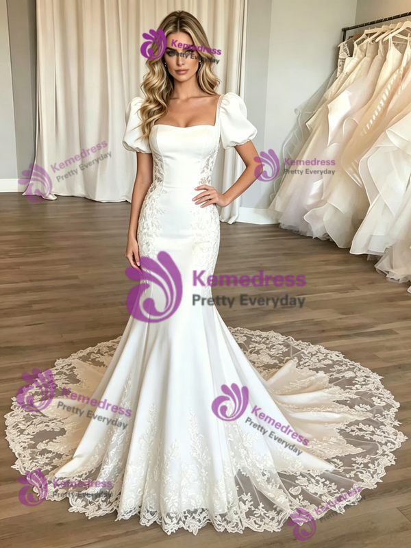 White Mermaid Square Neck Puff Sleve Appliques Wedding Dress