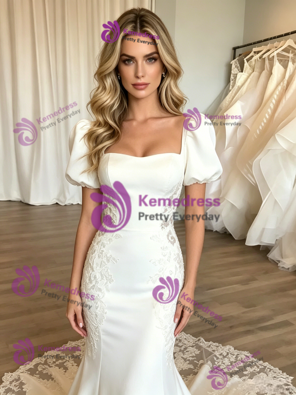 White Mermaid Square Neck Puff Sleve Appliques Wedding Dress