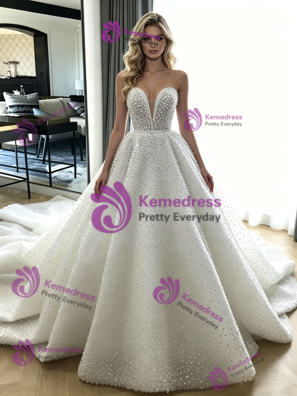 White Ball Gown Sequins Strapless Wedding Dress