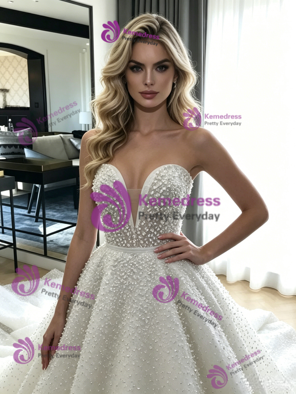 White Ball Gown Sequins Strapless Wedding Dress