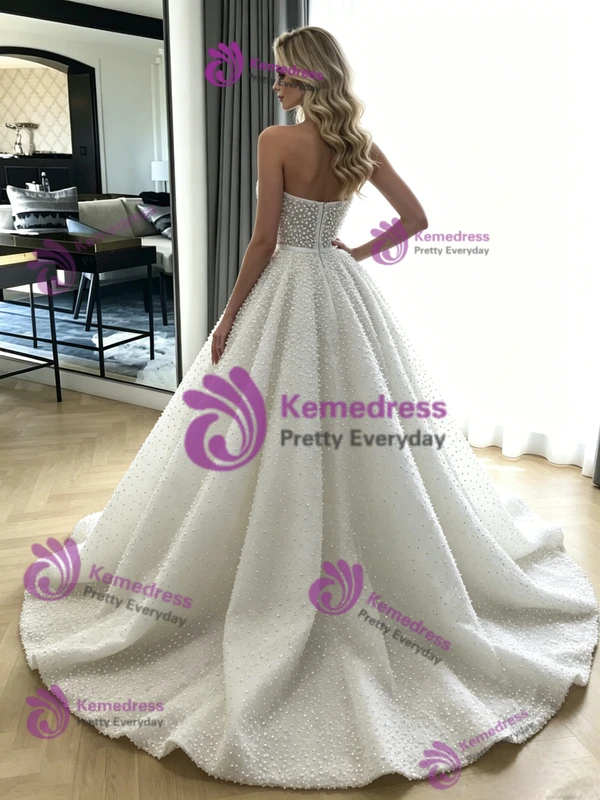 White Ball Gown Sequins Strapless Wedding Dress