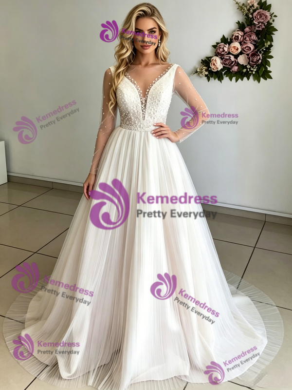Beige White Tulle Long Sleeve Wedding Dress