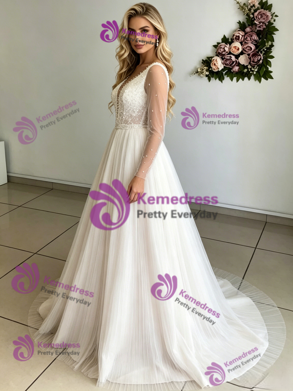Beige White Tulle Long Sleeve Wedding Dress