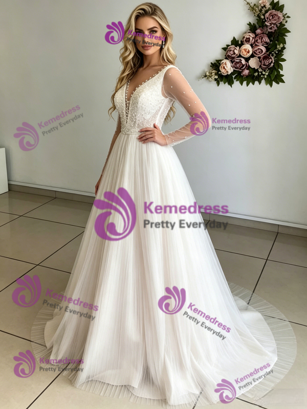 Beige White Tulle Long Sleeve Wedding Dress