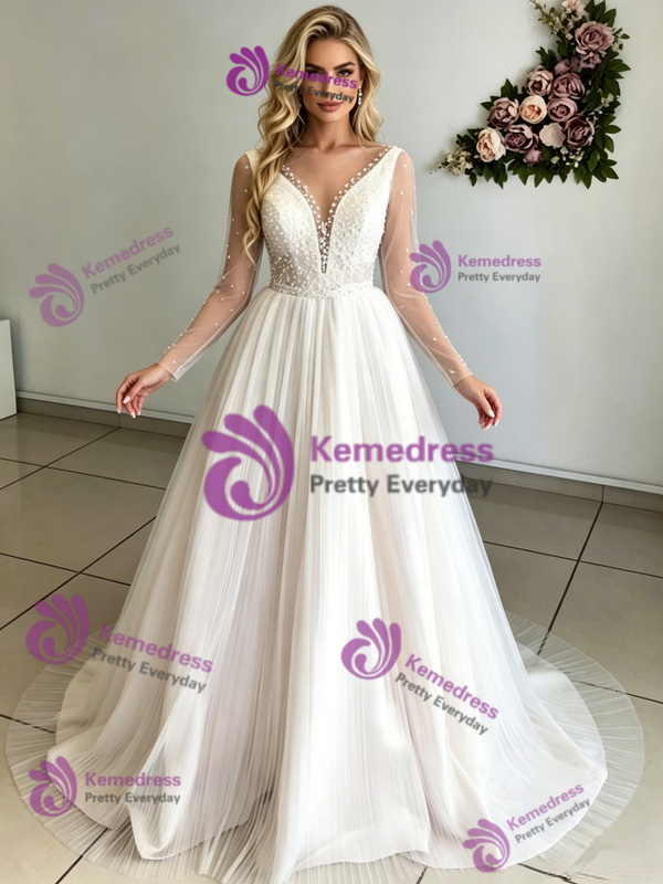 Beige White Tulle Long Sleeve Wedding Dress