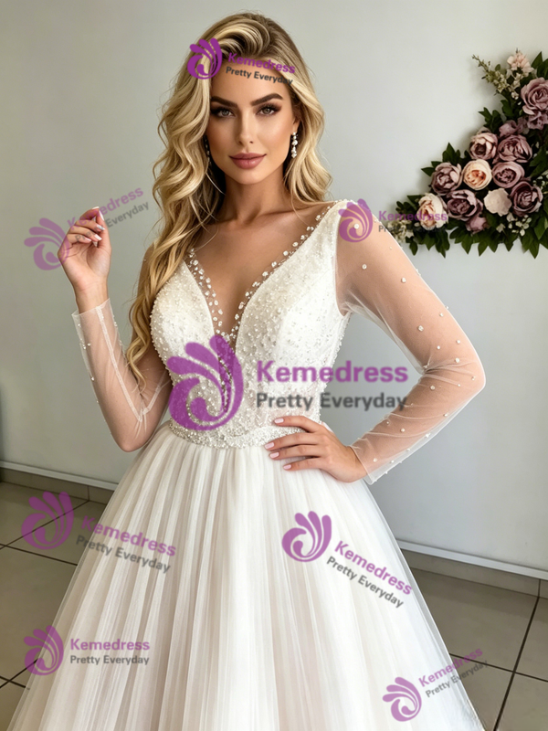 Beige White Tulle Long Sleeve Wedding Dress