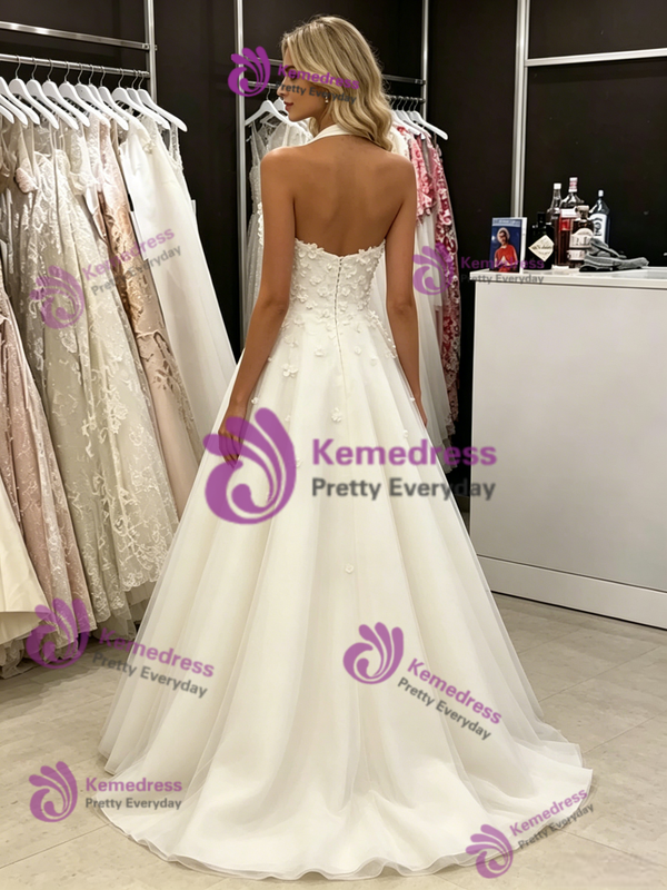 White Tulle Halter Wedding Dress