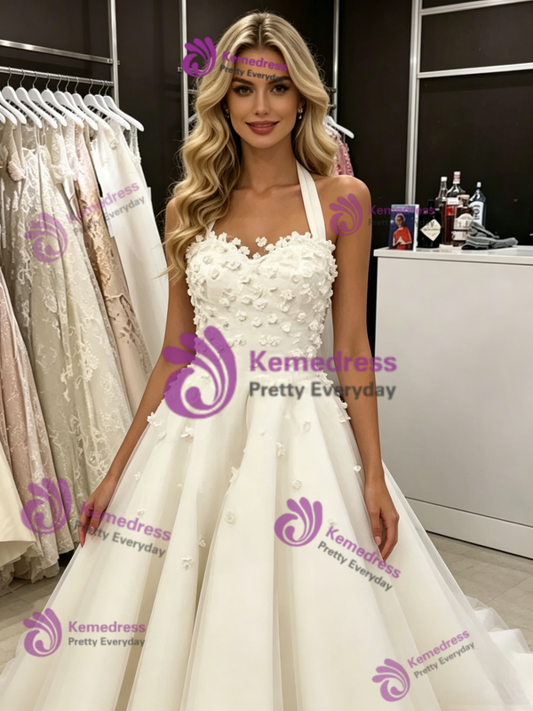 White Tulle Halter Wedding Dress
