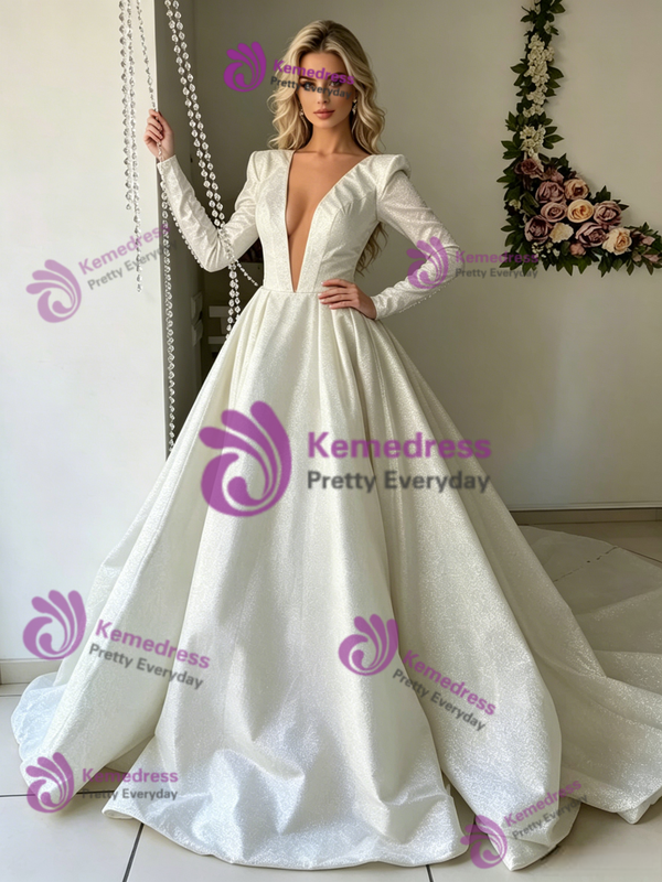 White Sequins Long Sleeve V-neck Wedding Dress