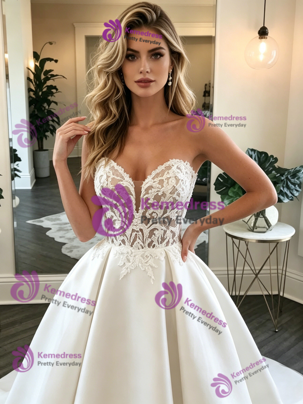 White Satin Lace Strapless Wedding Dress