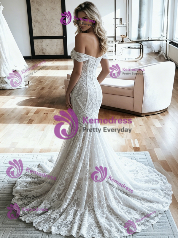 White Mermaid Lace Off the Shoulder Wedding Dress