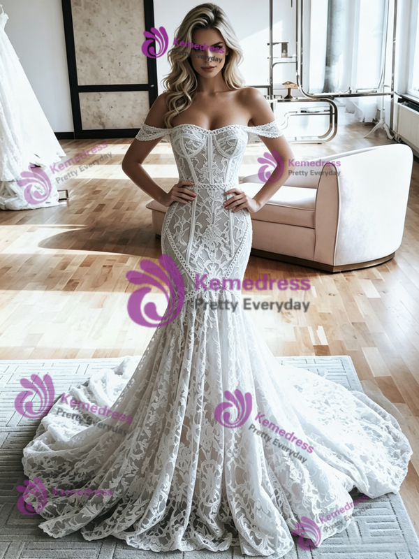 White Mermaid Lace Off the Shoulder Wedding Dress