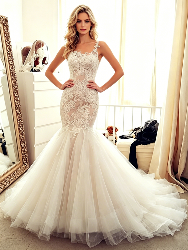 White Mermaid Tulle Lace Straps Wedding Dress