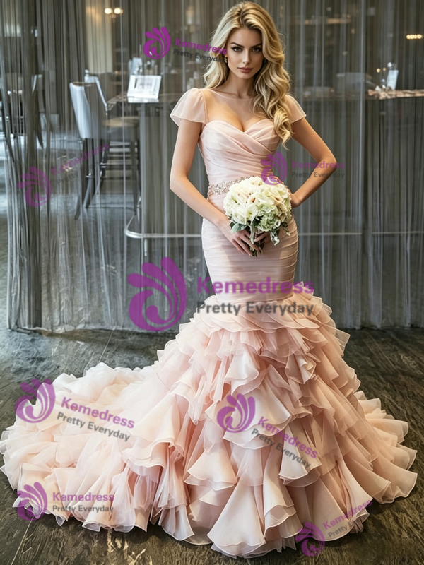 Pink Mermaid Tulle Beading Wedding Dress