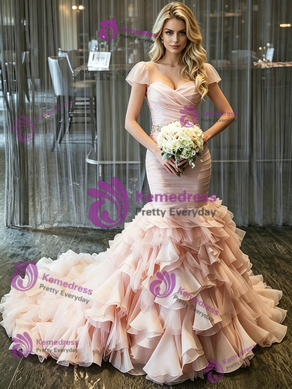 Pink Mermaid Tulle Beading Wedding Dress