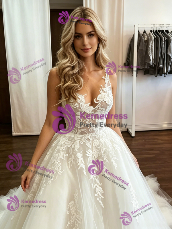White Tulle Straps Appliques Wedding Dress