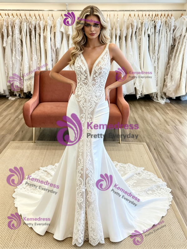 White Mermaid V-neck Appliques Wedding Dress