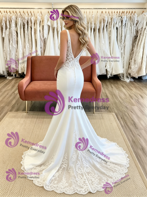 White Mermaid V-neck Appliques Wedding Dress