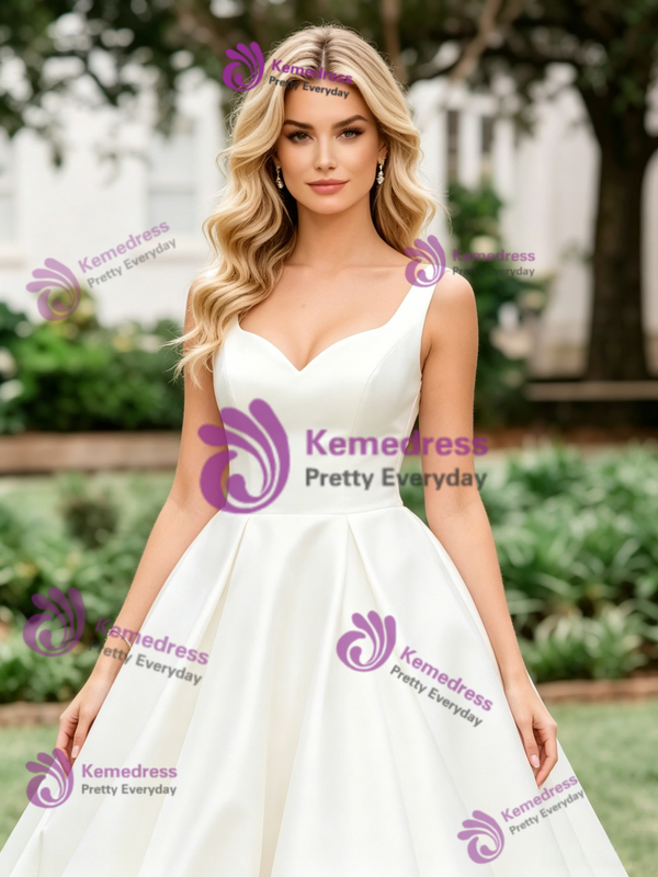 Simple White Satin Straps Wedding Dress
