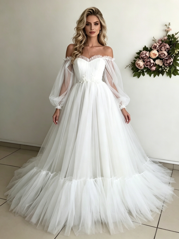 White Tulle Long Sleeve Pleats Wedding Dress