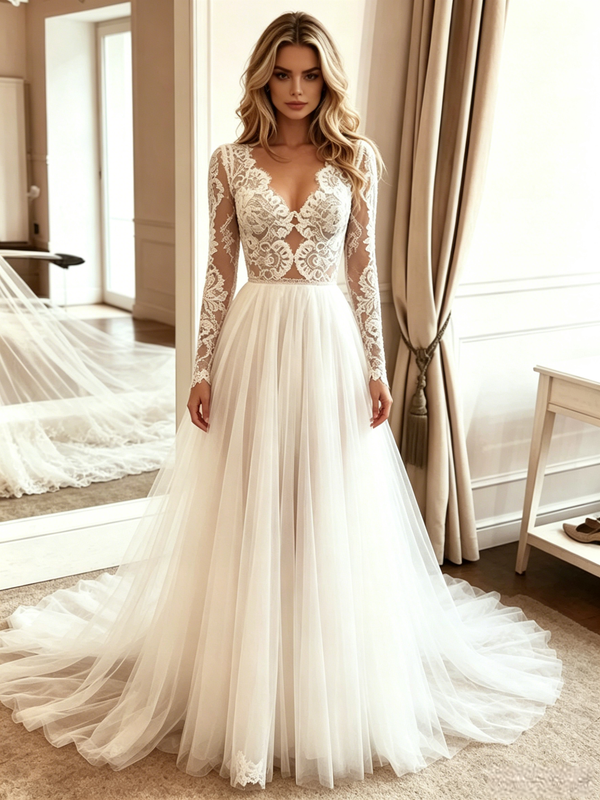 Beige White Tulle Lace Long Sleeve Wedding Dress