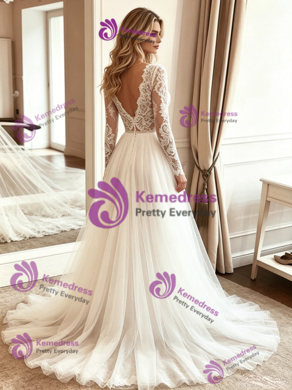 Beige White Tulle Lace Long Sleeve Wedding Dress